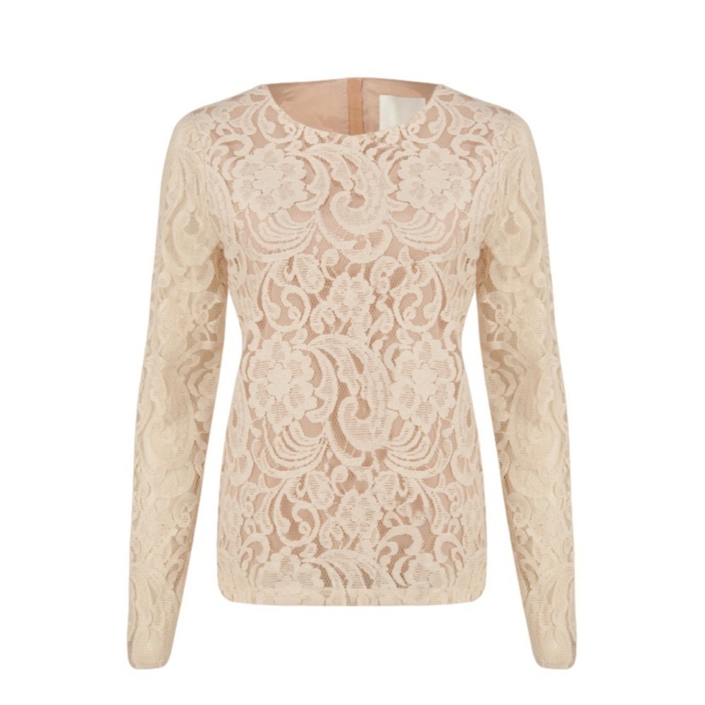 IN WEAR Kehnner Chalk Neutral Boho Old Money Swirling lace Nude lining Top US 8